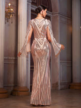 Champagne Sequin Maxi Evening Dress with Cape Sleeves and Beaded Tassel Trim